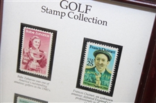Golf Stamp Collection (Babe, Bobby & Francis) w/Presentation Display of Balls/Clubs/Trophy - Framed