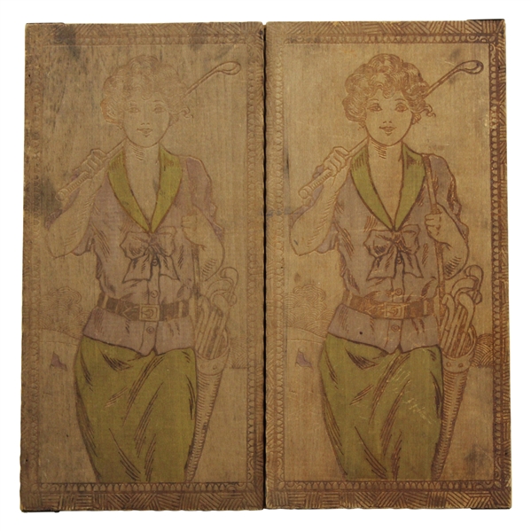 Vintage Pyrography Scarf Box Depicting Two 1910 Era Lady Golfers Walking w/Club Over Shoulder