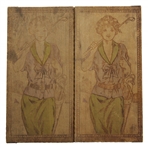 Vintage Pyrography Scarf Box Depicting Two 1910 Era Lady Golfers Walking w/Club Over Shoulder