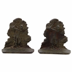 Matching Pair of Bronze Colored Iron Bookends with 1920s Bobby Jones Era Pre-Swing Golfer