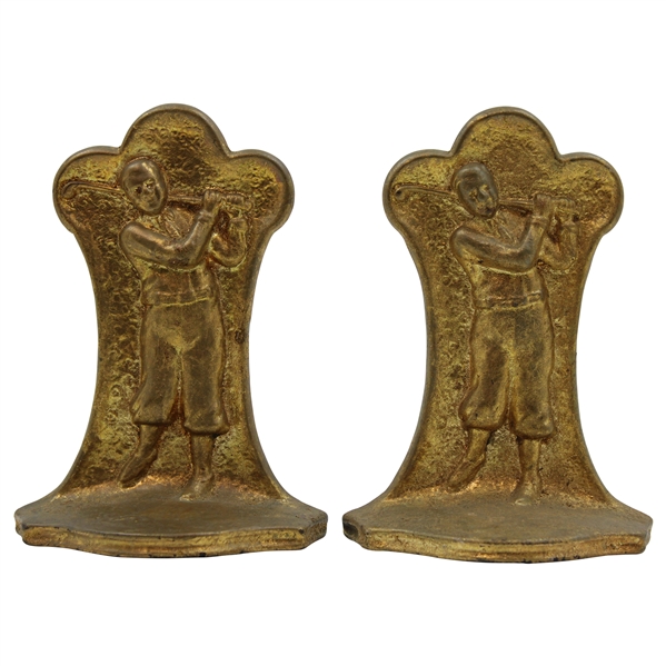 Pair High Gilded Metal Bookends with 1920s Golfer in Relief