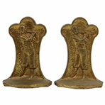 Pair High Gilded Metal Bookends with 1920s Golfer in Relief