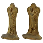 Pair High Gilded Metal Bookends with 1920's Golfer in Relief