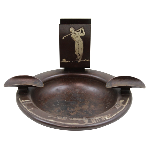 Patented Art Deco Bronze Sterling Overlay Golfer In Relief Match Holder Ashtray by The Heintz Art Metal Co.