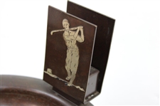 Patented Art Deco Bronze Sterling Overlay Golfer In Relief Match Holder Ashtray by The Heintz Art Metal Co.