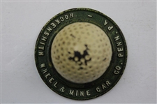 Circular Cast Iron Wheel w/Dimple Golf Ball Paperweight - Hockensmith Wheel & Mine Car Co. - Penn, PA