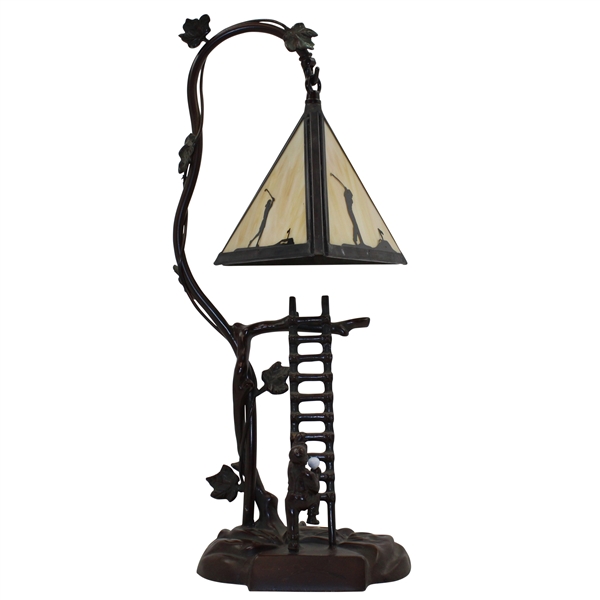 Modern Arts & Crafts Style Table Lamp w/ Triangular Stained Golf Themed Glass Shade - Works
