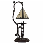 Modern Arts & Crafts Style Table Lamp w/ Triangular Stained Golf Themed Glass Shade - Works