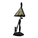 Modern Arts & Crafts Style Table Lamp w/ Triangular Stained Golf Themed Glass Shade - Works