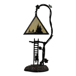 Modern Arts & Crafts Style Table Lamp w/ Triangular Stained Golf Themed Glass Shade - Works