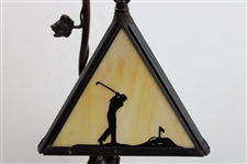 Modern Arts & Crafts Style Table Lamp w/ Triangular Stained Golf Themed Glass Shade - Works