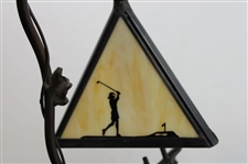 Modern Arts & Crafts Style Table Lamp w/ Triangular Stained Golf Themed Glass Shade - Works