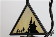 Modern Arts & Crafts Style Table Lamp w/ Triangular Stained Golf Themed Glass Shade - Works