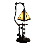 Modern Arts & Crafts Style Table Lamp w/ Triangular Stained Golf Themed Glass Shade - Works