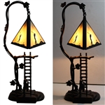 Modern Arts & Crafts Style Table Lamp w/ Triangular Stained Golf Themed Glass Shade - Works
