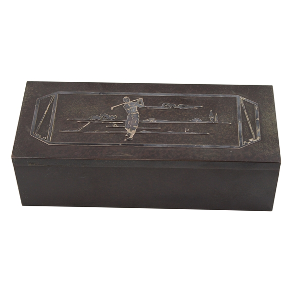 Patented Heintz Bronze Art Metal Co. Cigarette Box w/Sterling Overlay Golf Scene Lid
