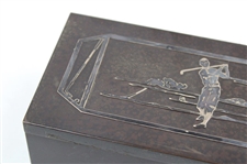 Patented Heintz Bronze Art Metal Co. Cigarette Box w/Sterling Overlay Golf Scene Lid