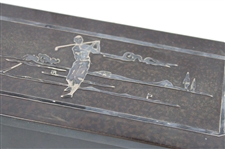 Patented Heintz Bronze Art Metal Co. Cigarette Box w/Sterling Overlay Golf Scene Lid