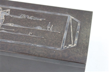 Patented Heintz Bronze Art Metal Co. Cigarette Box w/Sterling Overlay Golf Scene Lid