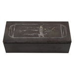 Patented Heintz Bronze Art Metal Co. Cigarette Box w/Sterling Overlay Golf Scene Lid