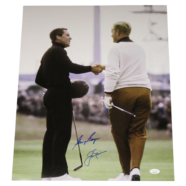 Jack Nicklaus & Gary Player Shaking Hands 1968 Open Championship 16x20 Photo JSA #CE33723