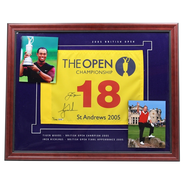 Tiger Woods & Jack Nicklaus Ltd Ed Signed 2005 OPEN at St Andrews Flag UDA #BAK06992