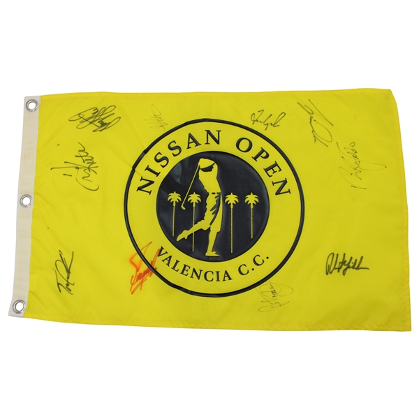 Woods, Payne, Phil Mickelson & others Signed 1998 Nissan Open Yellow Flag w/Ticket PSA #AL05624