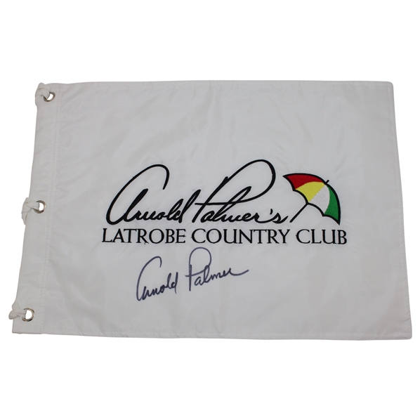 Arnold Palmer Signed Latrobe Country Club White Embroidered Flag w/ Two (2) Logo Balls JSA ALOA