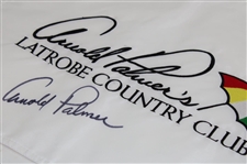 Arnold Palmer Signed Latrobe Country Club White Embroidered Flag w/ Two (2) Logo Balls JSA ALOA