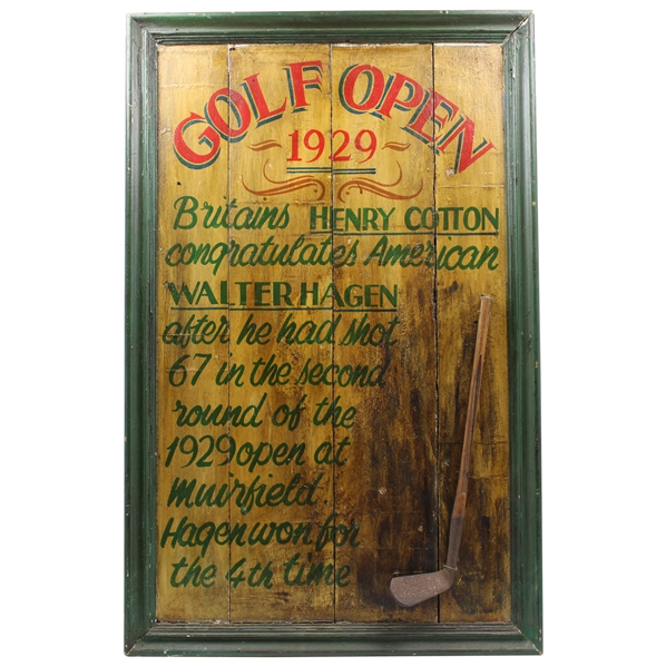 Henry Cotton Congratulates Walter Hagen 1929 Golf Open Wooden Presentation Board w/Display Iron