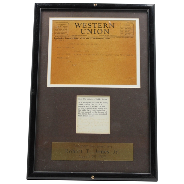 Original 1927 Telegram Received by Bobby Jones During US Amateur - August 26th - Framed
