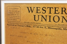 Original 1927 Telegram Received by Bobby Jones During US Amateur - August 26th - Framed