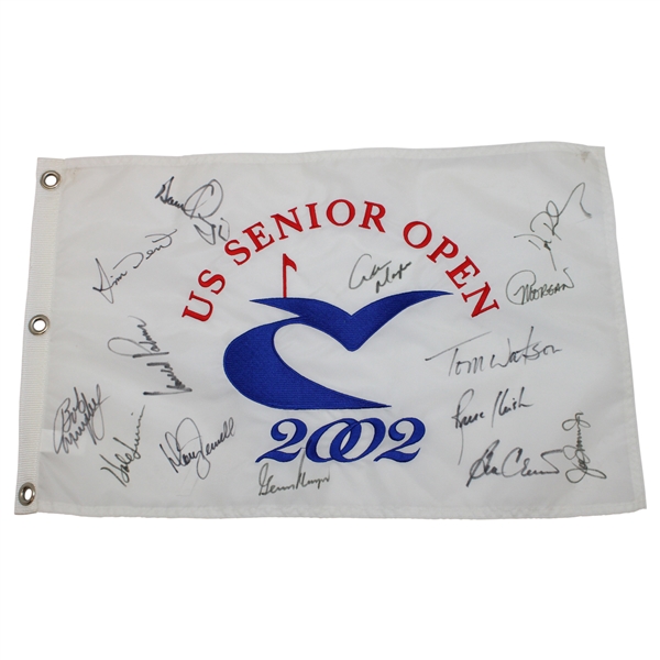 Palmer, Player, Watson & others Signed 2002 US Senior Open White Embroidered Flag JSA ALOA