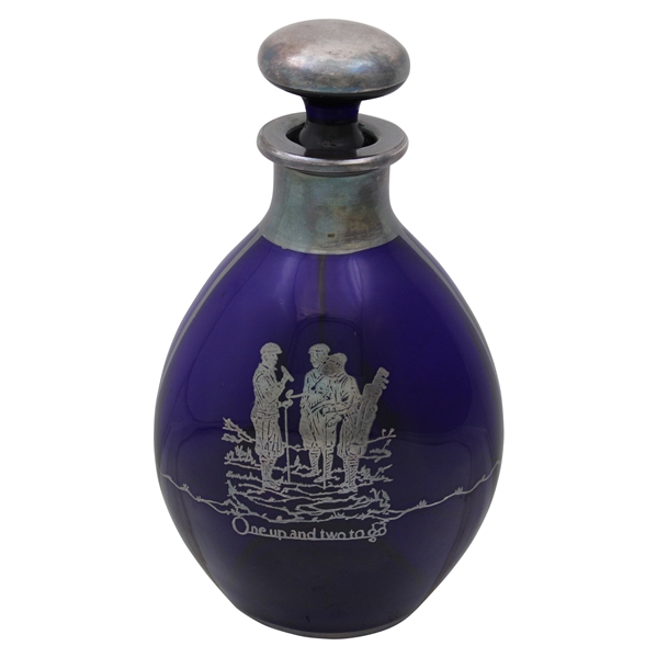 c.1918 Blue Glass One up and two to go Etched Silver Overlay Pinch Decanter w/Stopper