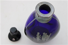 c.1918 Blue Glass 'One up and two to go' Etched Silver Overlay Pinch Decanter w/Stopper