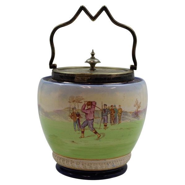 Ceramic Biscuit Jar with Colorful Late 19th Century Golf Scene & Silver Plated Handle - Wood & Wood