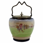 Ceramic Biscuit Jar with Colorful Late 19th Century Golf Scene & Silver Plated Handle - Wood & Wood