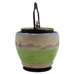 Ceramic Biscuit Jar with Colorful Late 19th Century Golf Scene & Silver Plated Handle - Wood & Wood