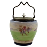 Ceramic Biscuit Jar with Colorful Late 19th Century Golf Scene & Silver Plated Handle - Wood & Wood