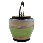Ceramic Biscuit Jar with Colorful Late 19th Century Golf Scene & Silver Plated Handle - Wood & Wood