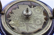 Ceramic Biscuit Jar with Colorful Late 19th Century Golf Scene & Silver Plated Handle - Wood & Wood