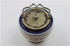 Ceramic Biscuit Jar with Colorful Late 19th Century Golf Scene & Silver Plated Handle - Wood & Wood