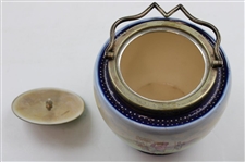 Ceramic Biscuit Jar with Colorful Late 19th Century Golf Scene & Silver Plated Handle - Wood & Wood