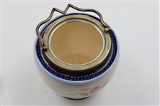 Ceramic Biscuit Jar with Colorful Late 19th Century Golf Scene & Silver Plated Handle - Wood & Wood