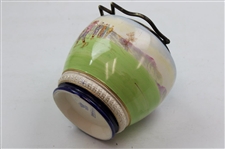 Ceramic Biscuit Jar with Colorful Late 19th Century Golf Scene & Silver Plated Handle - Wood & Wood