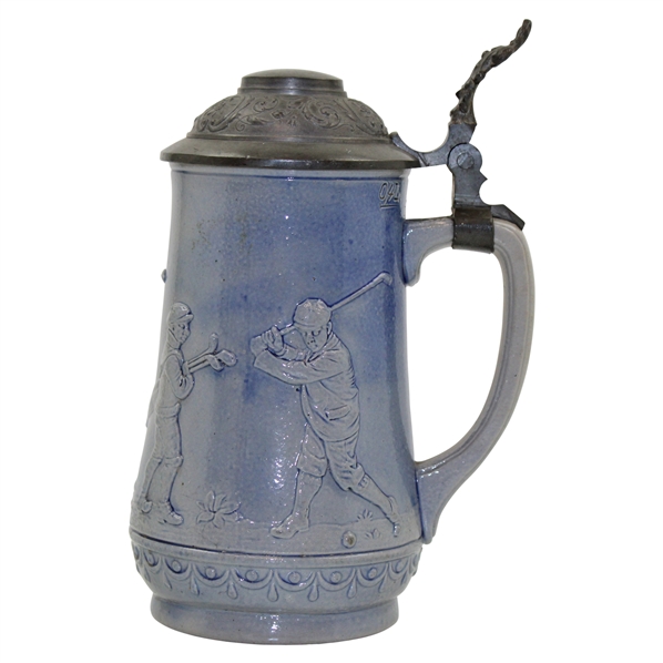 c.1895-1910 German Ges Gesch Gray & Blue Ceramic Beer Stein w/Late 19th Century Golfers In Relief