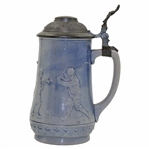 c.1895-1910 German Ges Gesch Gray & Blue Ceramic Beer Stein w/Late 19th Century Golfers In Relief
