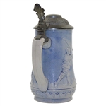 c.1895-1910 German Ges Gesch Gray & Blue Ceramic Beer Stein w/Late 19th Century Golfers In Relief