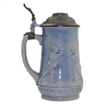 c.1895-1910 German Ges Gesch Gray & Blue Ceramic Beer Stein w/Late 19th Century Golfers In Relief