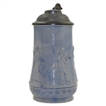c.1895-1910 German Ges Gesch Gray & Blue Ceramic Beer Stein w/Late 19th Century Golfers In Relief